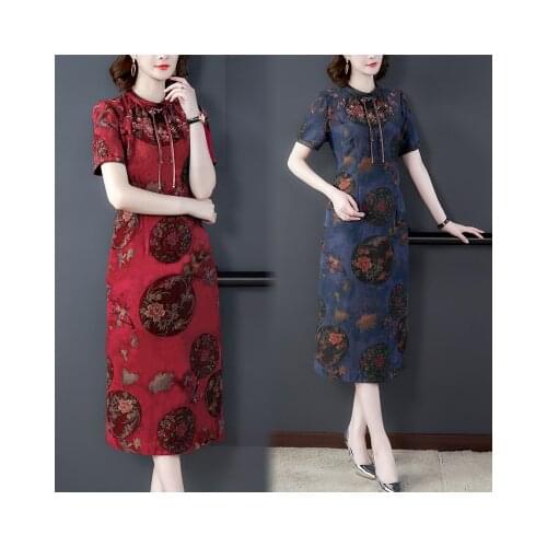2021 Summer New Modified Cheongsam Embroidery Women Print Dress Short Sleeve Midi Vestidos Elegantes Dresses Plus Size 4xl