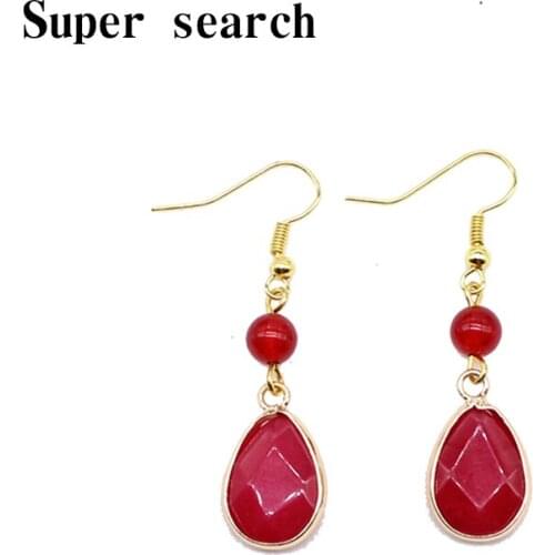 1 Pair Gold Color Oval Shape Section Sectional Red Stone Drop Earrings With Long Chain Elegant Womens Earring
