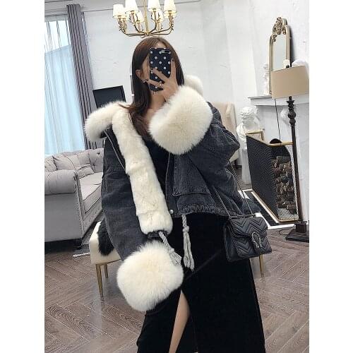 2020 Women Winter Jacket Denim Parka Real Fox Fur Collar Cuffs Rabbit Lining Warm Loose Outerwear Streetwear Removable