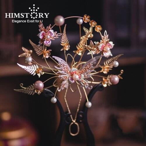 HIMSTORY Chinese Bridal Bouquet Fan Gold Metal Floral Luxurious Beaded Butterfly Classic Hollow-out Fan Hand Holder