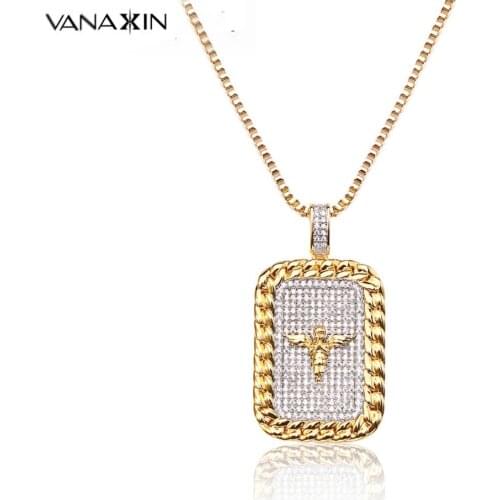 VANAXIN Men Necklace for Punk Angel Wings Hiphop Square Ice Out Pave Brinco Male Pendant AAA Clear CZ Praying Angel Men Jewelry
