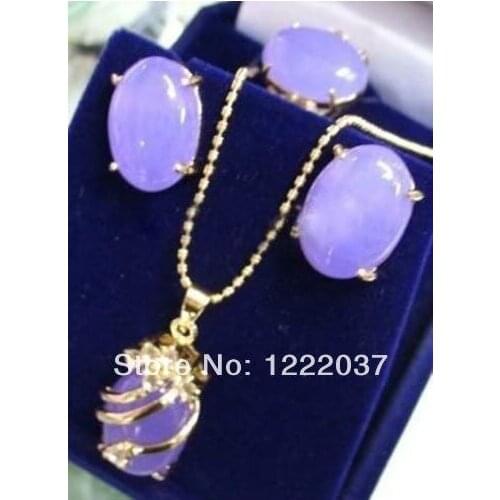NEW Inlay Purple jade Earring Pendant Necklace Ring Set