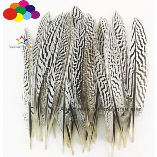 New 100Pcs(pointed) 20-25CM Natural silver Pheasant white Tail Feather Black Pattern for crafts Wedding Decorations Costume