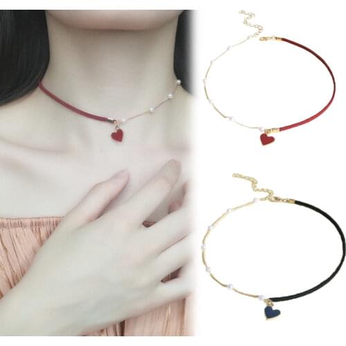 Beating Heart Necklace Red and Black Love Collarbone Necklace Chain Fairy Pearl Choker Elegant Lover Jewery Gifts Ornament