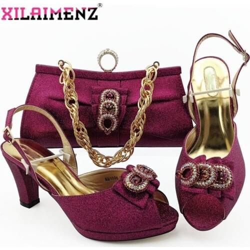 Sexy Italian Ladies Shoes Matching Bag in Magenta Color African MaMa Shoes and Bag Set Decorate with Rhinestone for Party
