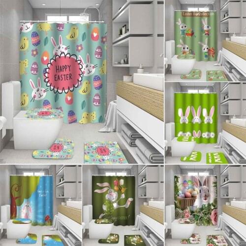Happy Easter Shower Curtains Bathroom Curtain Set Eggs Bunny Bath Decor Pedestal Rug Lid Toilet Cover Mat Bath Carpet Sets