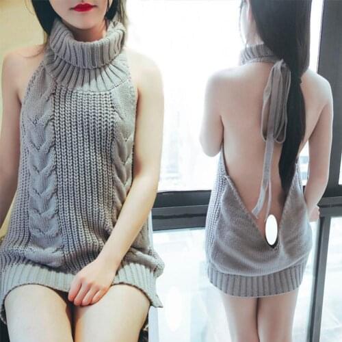 Sexy backless Women Sweaters Grey Turtleneck Sleeveless Long Virgin Killer Cosplay costumes Japanes Knitted And Pullovers