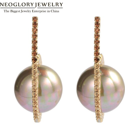 Neoglory Shinning Rhinestone & Brown Pearl Charm Earrings For Women High Quality Korean C Shape Earrings Birthday Gift