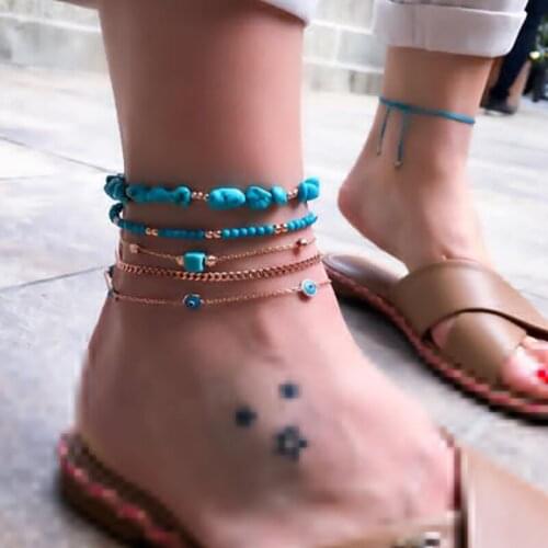 Tocona 5pcs/set Bohemian Blue Beaded Anklets for Women Natural Stone Eyes Gold Alloy Metal Adjustable Fooot Chain Jewelry A03503