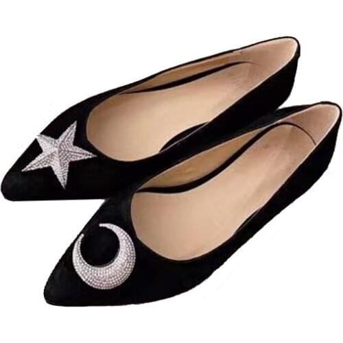 Kid Suede Low Heels Shoes Female Pointed Toe Moon and Star Slip-On Delicate Elegant Women Daily Wearing Comfortable Sheep Lining