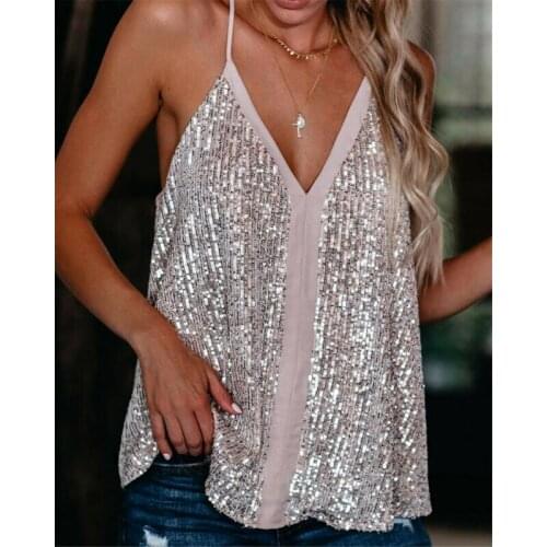 2020 New Fashion Hot Sexy Women Camisole Casual V Neck Sequins Strappy Tank Top Vest sleeveless Solid Blouse Tee Female Clothing