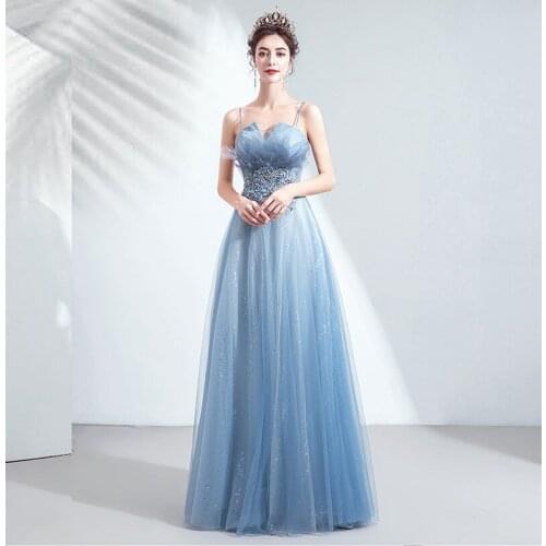 Beauty-Emily Blue Elegant Strapless Evening Dresses Long Sexy Crystal Lace Appliques Formal Party Gowns Women Dress Prom Dress