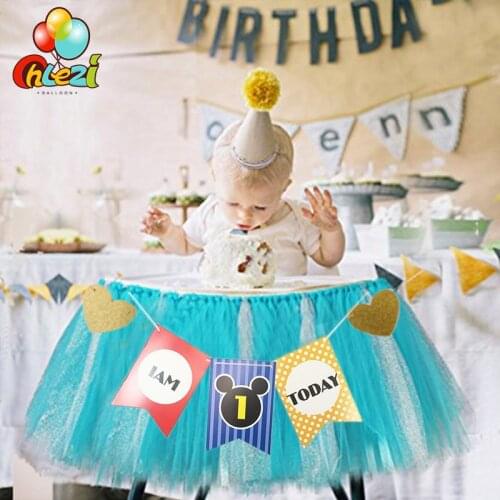 1 Set Baby 1 year old birthday flag tutu Net yarn I am 1 Today Banner Birthday party decoration supplies baby chair Photo Props