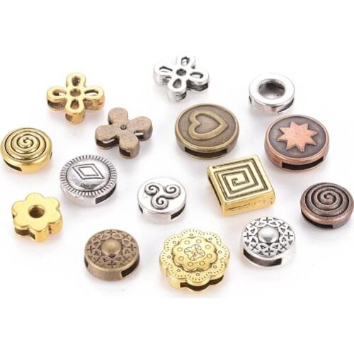 100pcs Tibetan Style Slide Charms Pendants Mixed Shape Mixed Color, 10~19.5x8~16x2.5~5.5mm, Hole: 1.5~8x5~11mm