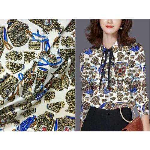 108cm wide 19mm 97% silk & 3% spandex retro fashion jewelry print stretch silk satin fabric for dress shirt clothes cheongsam C0