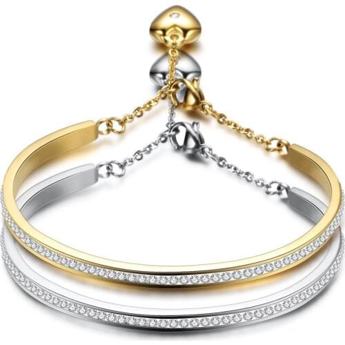 5PCS/Lot Gold-Color Cuff Bangles For Women Crystal Stainless Steel Bracelet Bangle Jewelry Adjustable Wholesale