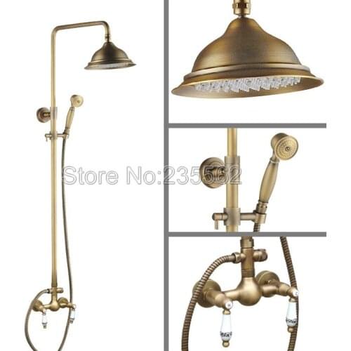 Antique Brass Wall Mounted Rainfall Shower Heads Mixer Tap Bathroom Rain Shower Faucet Set Dual Ceramic Handle lan101