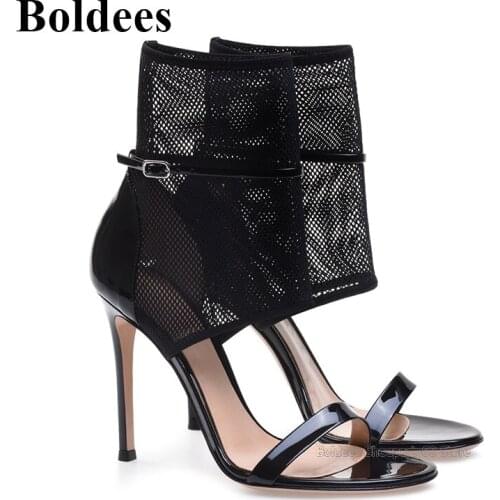Black Mesh Design Thin High Heel Sandals Summer Mesh Ladies Stiletto High Heel Dress Shoes Sexy Open Toe Wedding Party Shoes
