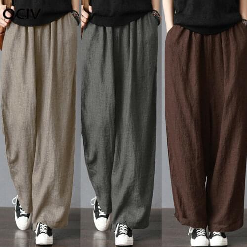 Mens Cotton Linen Wide Leg Pants Summer Loose Casual Fitness Straight Stretch Bloomers Trousers Harem Plus Size Clothing S-3XL