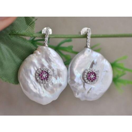 D0471 24mm White Pink Gray Lavender keshi Pearl CZ Stud White Gold Plated Earrings