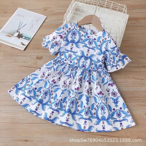 Kids Girls Floral Print Dress 2021 New Summer Short Sleeve White Blue Dresses Princess Cute Clothes European American Style 2-6Y