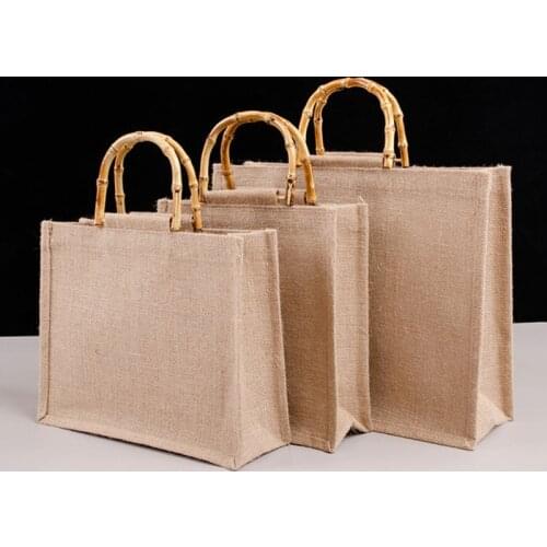 Portable Burlap Jute Shopping Bag Handbag Bamboo Loop Handles Reusable Tote Grocery Bags for Women Girls