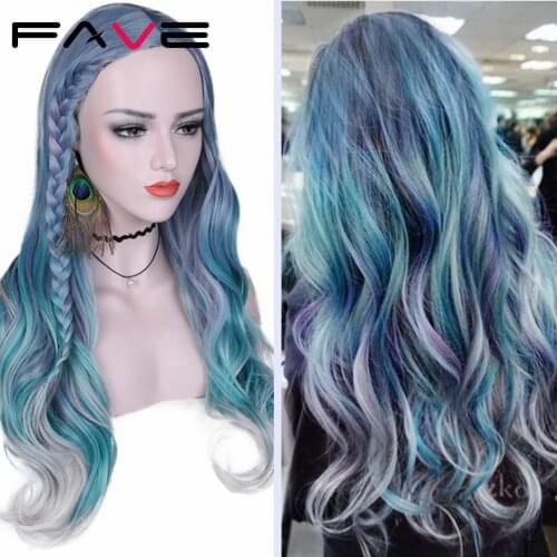 FAVE Ombre Hair Wavy Wigs Synthetic Mixed Violet Light Blue Light Green Gray Curly Wave Middle Part Long Wavy Heat Resistant
