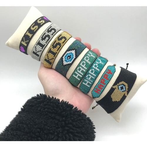 BLUESTAR MIYUKI Bracelet Evil Eyes Bracelets HAPPY Letter Pulseras Mujer Moda Handmade Woven Jewelry 2021