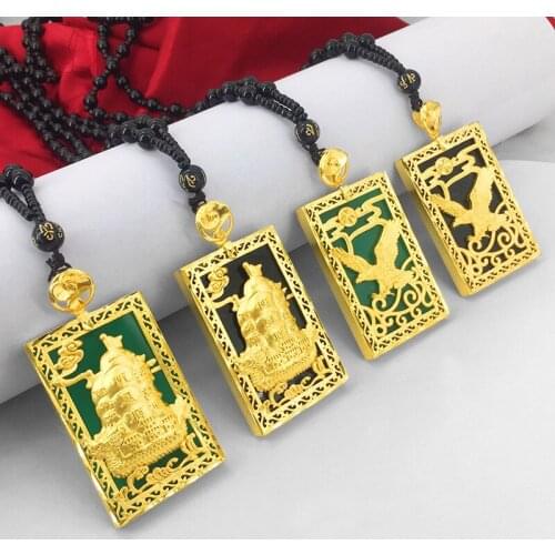 18k Gold Malay Jade Gemstone Pendant For Women Men Yellow Gold Emerald Green Black Eagle Boat Design Pendant Wedding Party Gifts
