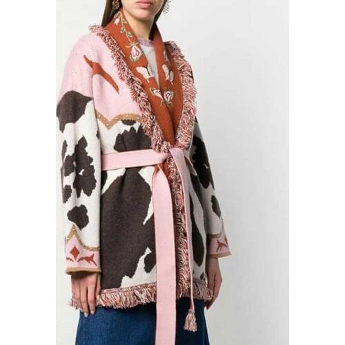 Jacquard Cashmere Belted Cardigan Women Warm Fringed Winter Cardigan Coat Fashiond Long Sleeve Sweater Cardigan Embroidery Lady