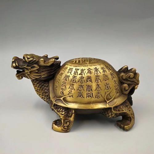 Chinese Old Brass Gold Plated Inscription Dragon turtle statues YR