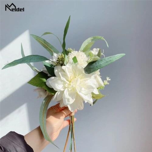 Meldel Wedding Flower Bouquet Artificial Silk Rose Peony Pompon Bridesmaids Bouquet Flower Forest Style Long Leaves Fake Flowers