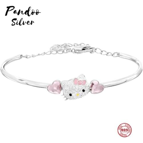 PANDOO Fashion Charm Pure 925 Silver Original 1:1 Copy, Cute Pink Hellokitty Fashion Bracelet Female Luxury Jewelry Gifts