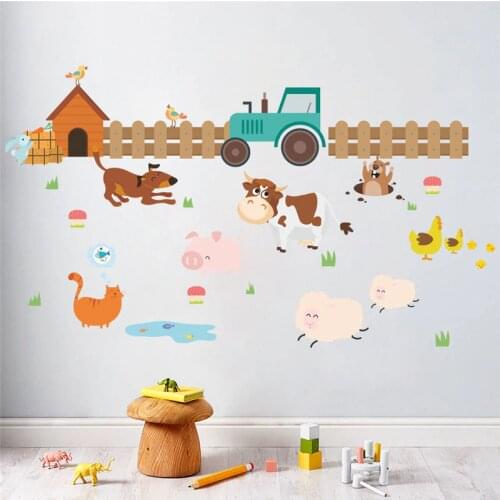 Cartoon Farm Animals Fence Cattle Dog Wall Stickers For Kids Rooms Nursery Room Home Decor Pvc Wall Decals Diy Mural Art Posters
