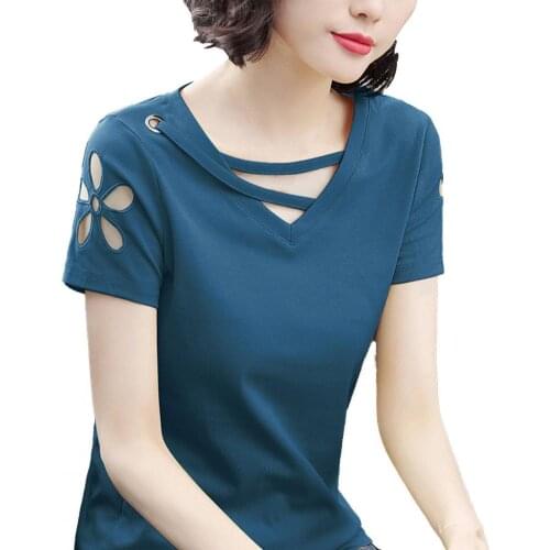 New Stylish Women T-shirt V Neck Hollow Out Summer Short Sleeve Loose Blouse for Working