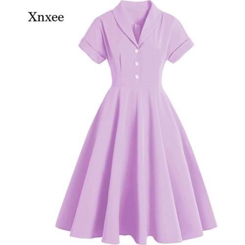 Office Retro A Line Summer Dress Solid Vintage Women Turn Down Collar Button Front Short Sleeve Rockabilly Swing 50S Ol Sundress