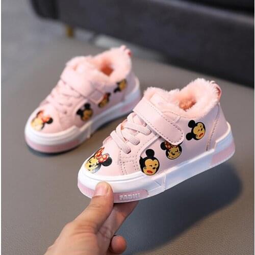 Disney Mickey Autumn Winter Kids Warm Shoes Girls Fashion Waterproof Children Cotton Shoes Students Running Sneakers Non-slip