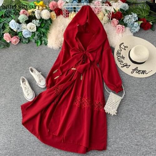Sanishroly Autumn Women Long Sleeve Vintage Vacation Dresses V-Neck Split Hooded Dress Female Hollow Out Long Dress Vestidos 061