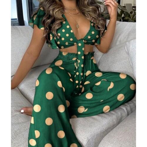 Sexy Women Suit Casual Lotus Sleeve Blouse Wide Leg Pants Two Piece Sets Suit Female Elegant Elastic High Waist Ruched Trousers