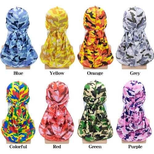 Unisex Imitation Silk Durag Pirate Cap Contrast Color Camouflage Bandana Turban Hat Long Tail Cycling Beanie Headwrap