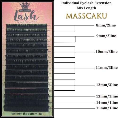 MASSCAKU 16rows,8~15mm mix,High quality eyelash extension mink,individual eyelash extension,natural eyelashes,fake false