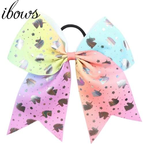 2Pcs 7'' Cute Unicorn Printed Cheer Bows Ponytail Holder Elastic Hair Band Grosgrain Hair bows For Kids Girls Hair Accessories