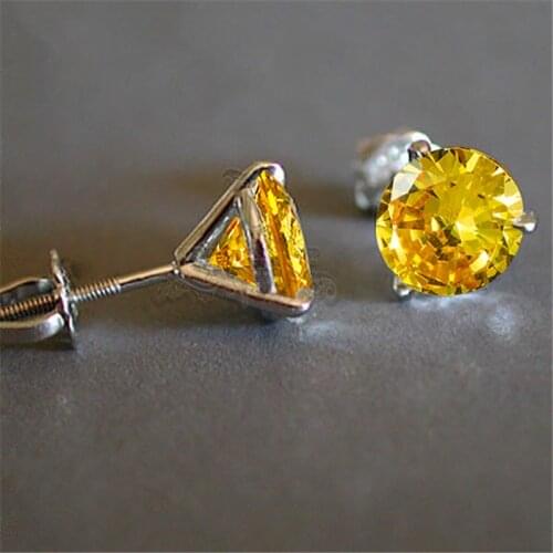 Luxury Female 6/7/8mm Yellow Topaz Earrings Real 925 Sterling Silver Earrings For Women Small Screw Stud Earrings