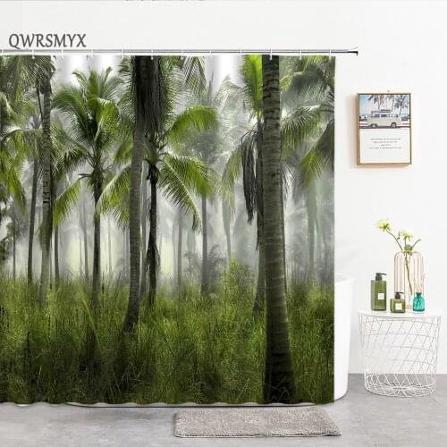 Tropical Plants Green Palm Tree Forest Shower Curtains Fabric Hook Plant Bath Curtain Home Decor Hanging Cloth Bathroom Products
