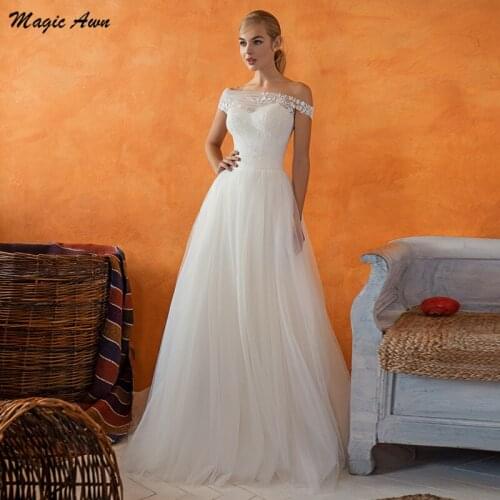Magic Awn Off The Shoulder Wedding Dresses Lace Appliques Princess Elegant Boho Illusion Mariage Gowns A-Line Vestidos Branco