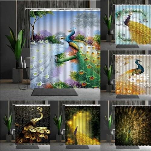 Peacocks Shower Curtains Chinese Birds Feather Bathroom Bath Curtains 3D Retro Flower Waterproof Polyester Bath Screen With Hook