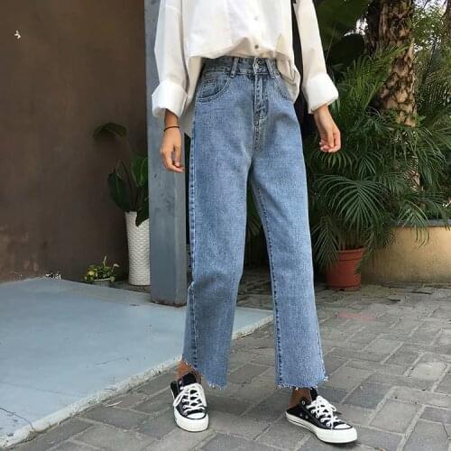 Womens Denim Wide-leg Pants High Waist Vertical Loose Straight Ankle-length Jeans