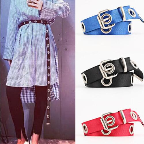 Women Belts Casual Female Waist Canvas Belts with Silver Pin Buckle Waistband Students Long Personality Metal Ring Wild Belt