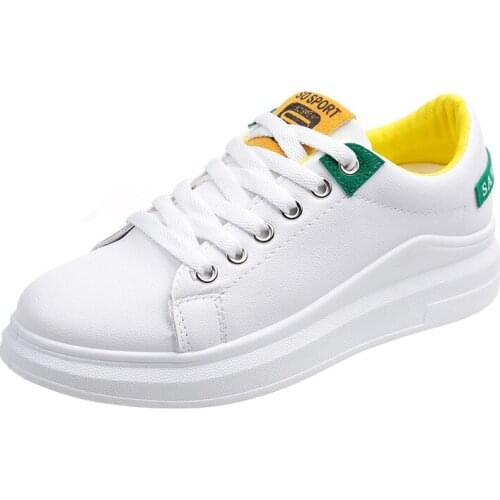 2019 Women Shoes Spring New Pu Basic Casual Mixed colors Lace-up Round Toe Thick bottom Ladies Rubber Sole Small White Shoes