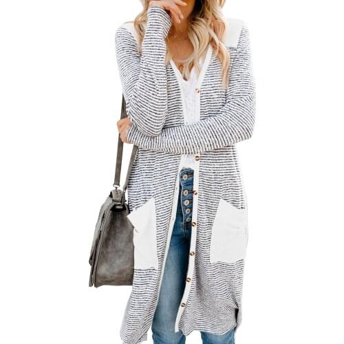 Women Autumn Spring Camo Patchwork Long Striped Cardigan with Pockets Open Front Casual Tops